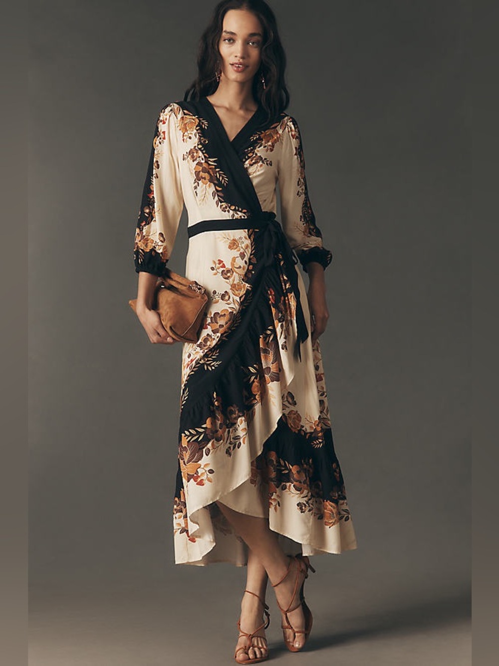 Anthropologie Farm Rio Long-Sleeve Floral Wrap Midi Dress